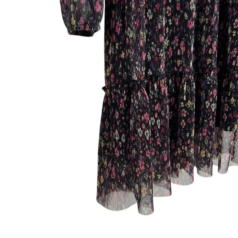 Zara Floral Pleated Sheer Sleeve Keyhole Back Tiered Mini Dress Black Size 11-12